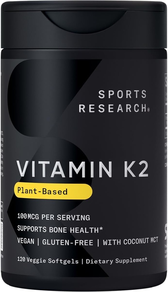 Sports Research Vitamin K2 som MK-7 100mcg med kokos MCT Oil - 120 Veggie Softgels (4 Måned Supply) Vegan Certified, Non- GMO Verified, Gluten & Soy Free