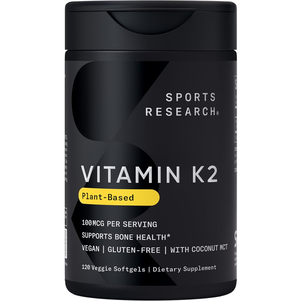 Sports Research Vitamin K2 som MK-7 100mcg med kokos MCT Oil - 120 Veggie Softgels (4 Måned Supply) Vegan Certified, Non- GMO Verified, Gluten & Soy Free