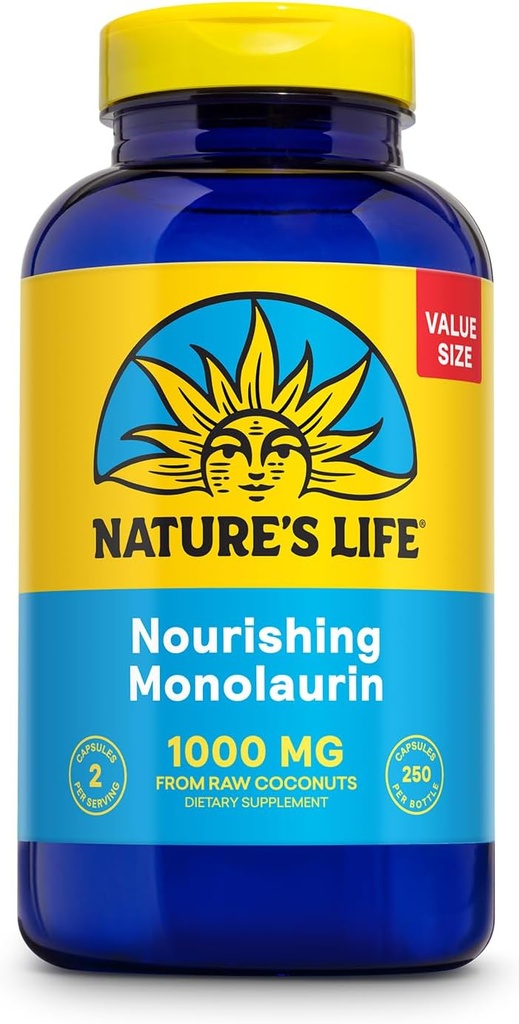 Nature 's Life Monolaurin 1000 mg, Nærende Monolaurin fra Natural Raw Coconut, Immun Support, Gut Health, Balanceret Gut Flora, 60- Day Garanti, 125 Servering, 250 Vegetariske Kapsler