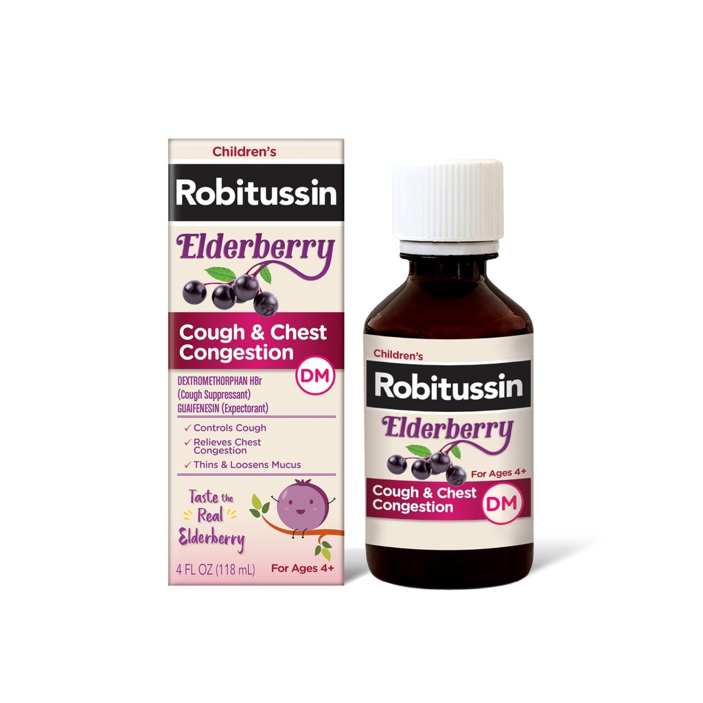 Robitussin Elderberry Host + Chest Congestion DM Børnenes Hoste Medicin, Chest Congestion Relief og Hough Syrup - 4 Fl Oz