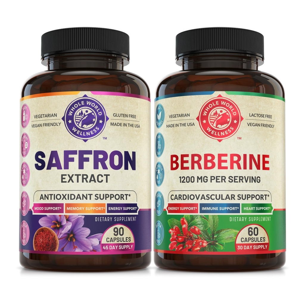 Pure Saffron Extract & Premium Berberine Bundle (én flaske hver). Understøtter Mood, Energy Boost, Metabolisk funktion. USA Made.