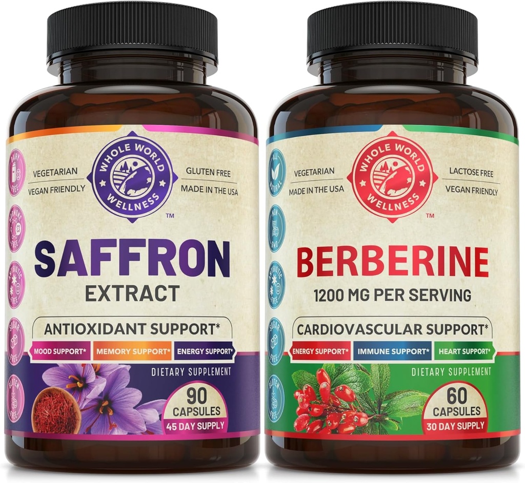Pure Saffron Extract & Premium Berberine Bundle (én flaske hver). Understøtter Mood, Energy Boost, Metabolisk funktion. USA Made.