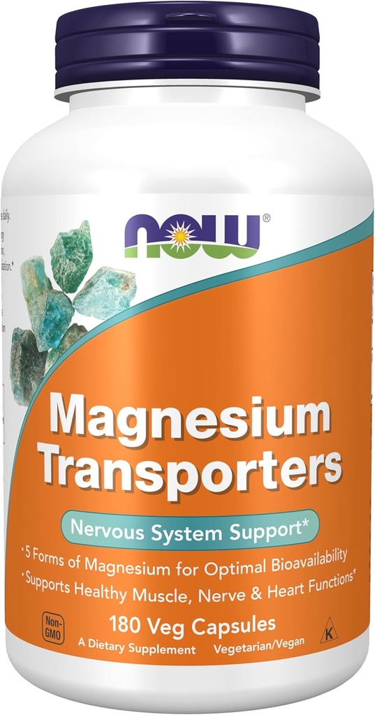 Now Foods Supplements, Magnesium Transportører med 5 former for Magnesium for optimal biotilgængelighed, 180 Veg Kapsler