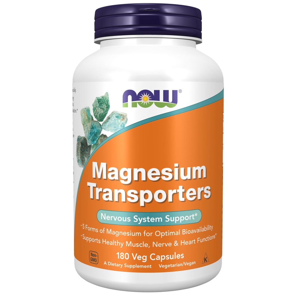 Now Foods Supplements, Magnesium Transportører med 5 former for Magnesium for optimal biotilgængelighed, 180 Veg Kapsler