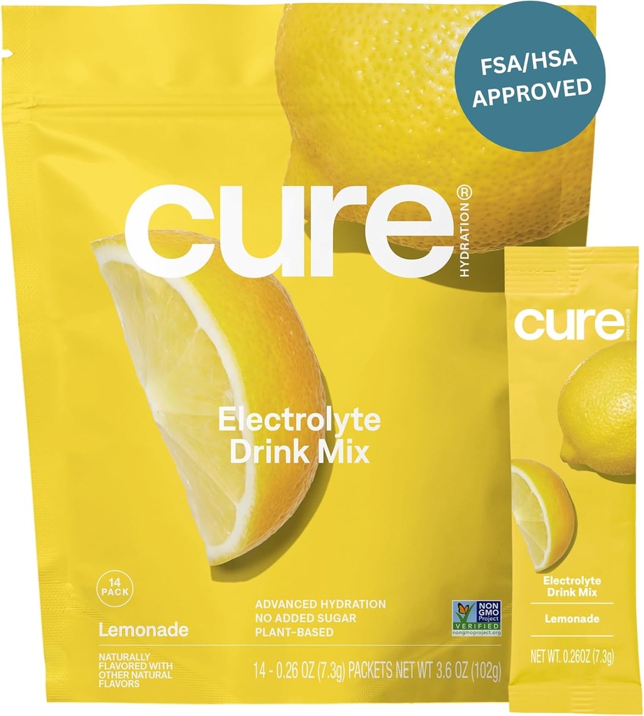 Cure Hydration • 124; Plantbaseret elektrolytdrik • 124; Ingen tilsat sukker • 124; FSA & HSA • 124; Dehydrering • Hjælpepulver fremstillet med kokos • 124; Non- GMO • 124; Vegan • 124; Pouch af 14 Pakker - Lemonade