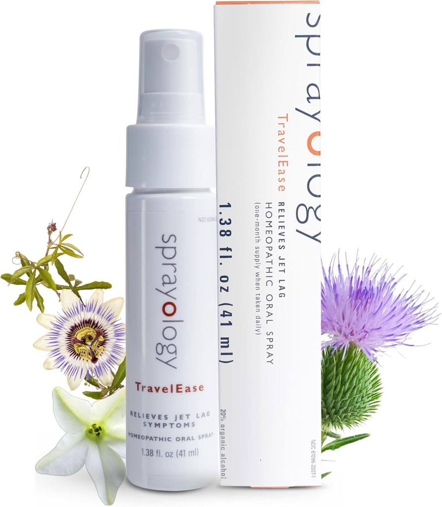 Sprayology TravelEase (124; Homøopatisk Jet Lag Relief Spray) 124; Eases Træthed, søvnløshed, desorientering & dehydrering; Mundspray med Nux Vomica, Passionflower & Milk Thistle (1,38 fl oz)