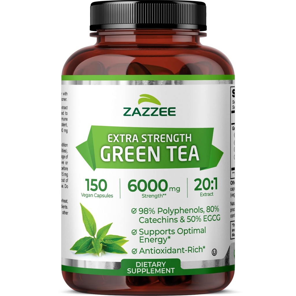 Zazzee Extra Strength Green Tea 20: 1 Extract, 6000 mg Strength, 50% EGCG, 98% Polyphenoler og 80% Catcehins, 150 Vegan Kapsler, 5 måneder Supply, Standardized and Concentrated 20X Potency, Non-GMO