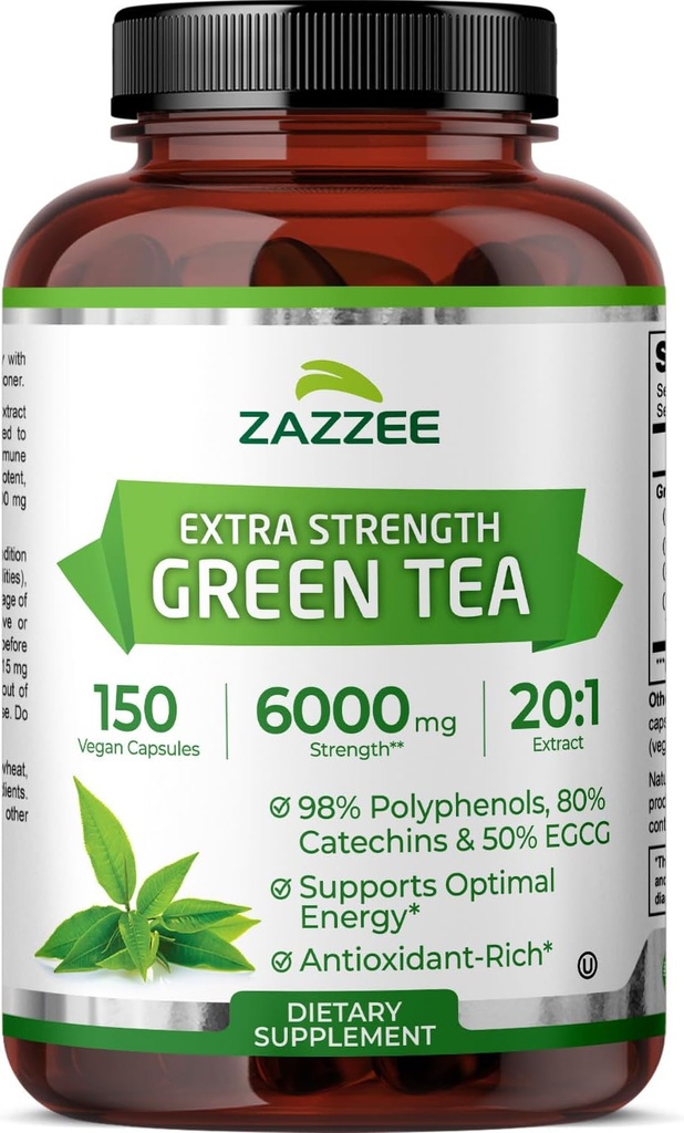 Zazzee Extra Strength Green Tea 20: 1 Extract, 6000 mg Strength, 50% EGCG, 98% Polyphenoler og 80% Catcehins, 150 Vegan Kapsler, 5 måneder Supply, Standardized and Concentrated 20X Potency, Non-GMO