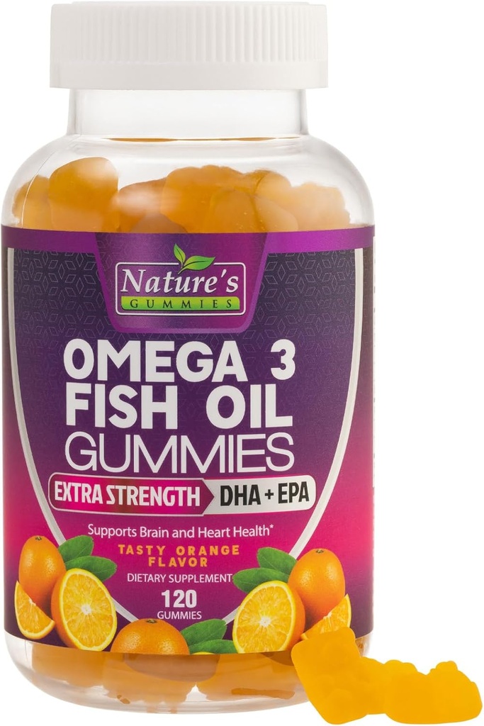 Omega 3 Fish Oil Gummies, Heart Sunde Omega 3 Gummy supplement med høj Absorption DHA & EPA, Ekstra styrke Joint & Brain Support, Lækker Orange Flavor Fish Oil Nature Vitamin - 120 Gummies
