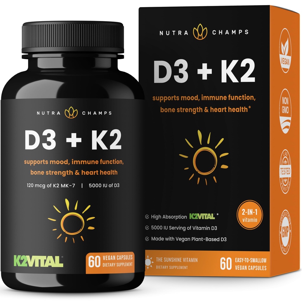 NutraChamps D3 med K2 MK7 supplement til hjerte & knoglerelateret 124; D-vitamin & K Complex 124; 5000 IE D-vitamin 3 & 100 mcg vitamin K 2 MK- 7