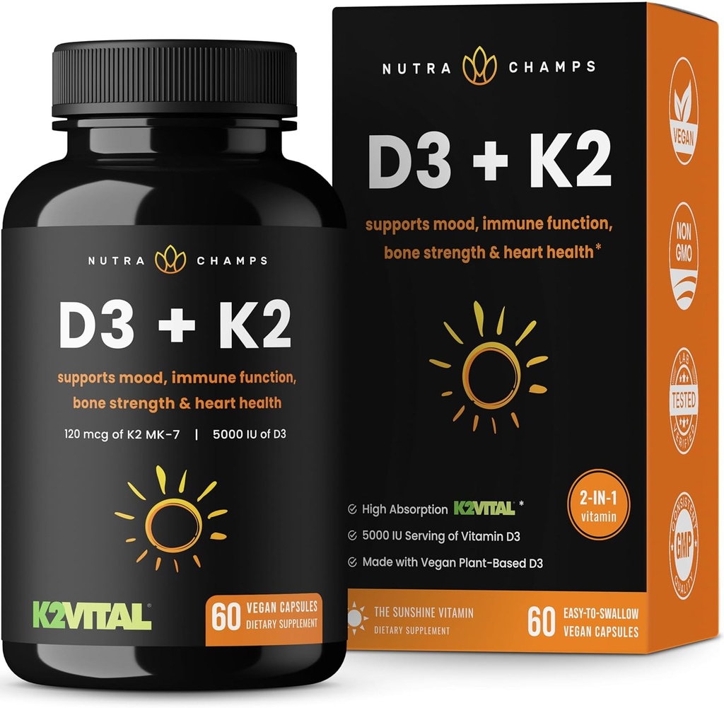 NutraChamps D3 with K2 MK7 Supplement for Heart & Bone Health | Vitamin D & K Complex | 5000 IU of Vitamin D 3 & 100 mcg of Vitamin K 2 MK-7 | 60 Vitamin K2 D3 Capsules