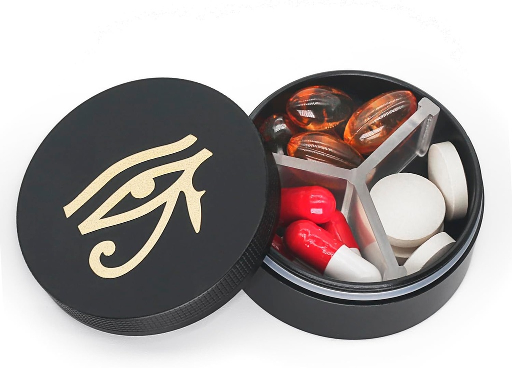Lille pillekasse 3 afdelinger, Metal Round Portable Pill Box, Vandtæt Rejsepille Organizer, Pocket Purse Medicine Vitamin Holder EDC Container (Sort med øje)