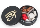 Lille pillekasse 3 afdelinger, Metal Round Portable Pill Box, Vandtæt Rejsepille Organizer, Pocket Purse Medicine Vitamin Holder EDC Container (Sort med øje)