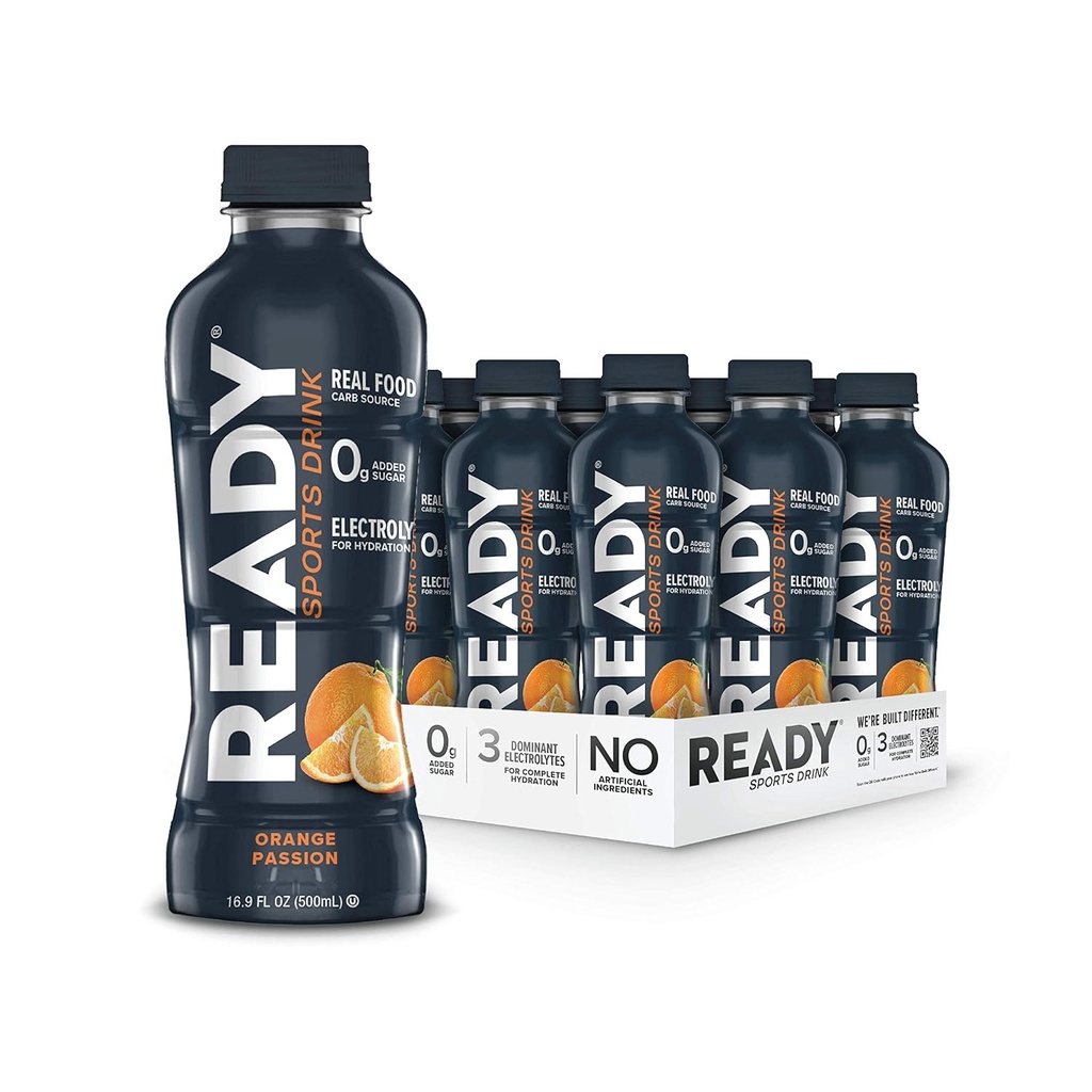 Ready ® Sports Drink - Elektrolyte Hydration med Super Fruit Carbs, B Vitaminer og uden tilsat sukker - Ren energi til atleter & Endurance - Glutenfri, Vegan, Kosher - Orange Passion (12-Pack)