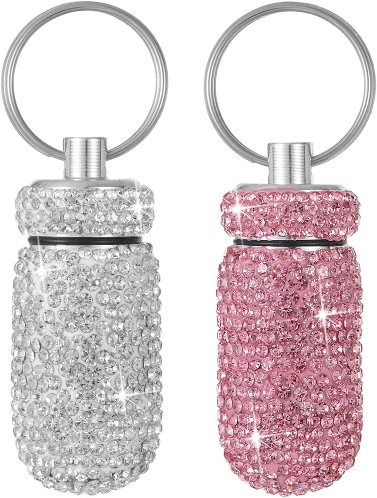 Bling Pill Case Portable Travel Pill Container Flaske Rhinestone Vandtæt Lille Pill Holder med Keychain Cute Mini Pill Storage Box til udendørs Camping (White Pink)