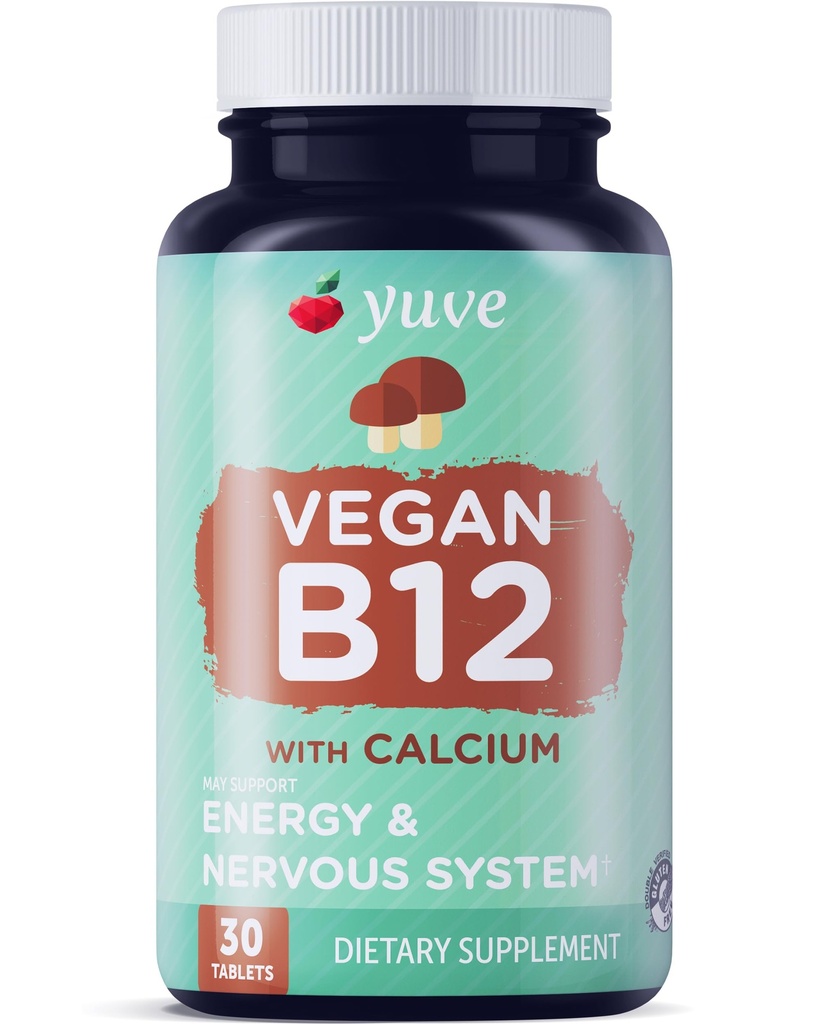 Yuve Vegan B12 med Calcium til maksimal Absorbption - Active Energy & Central Nerve System Support - 1000mcg Cobalamin Vitamin B 12 - Natural, Non- GMO, Gluten- Free, Sugar- Free - 30 Tabs