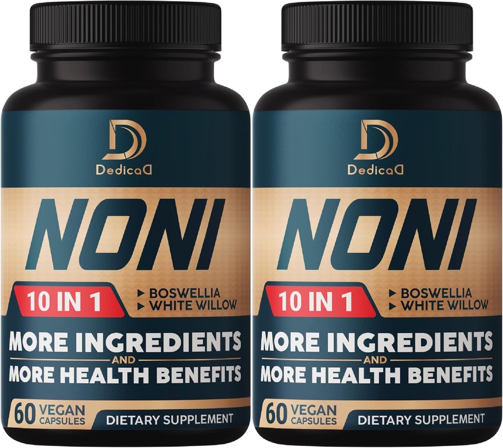 10in1 Noni kapsler - 4 måneders forsyning med hyldebær, boswellia, gurkemeje, ingefær & mere - Support Muskel, Fælles, fordøjelsesfremmende & immun- 2 pakker af 60 Veganske kapsler, Non- GMO & gluten- fri