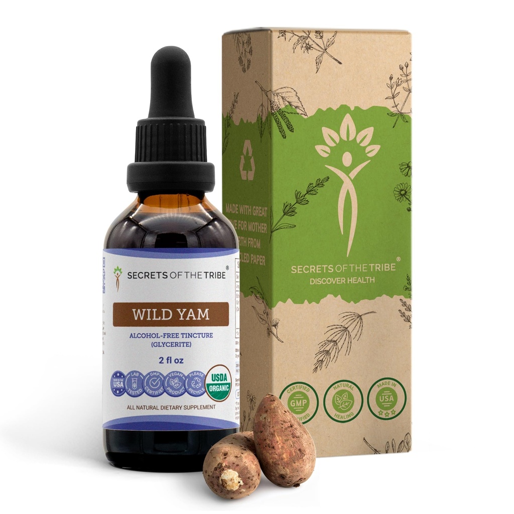 Secrets of the Tribe Wild Yam Alcohol- Free USDA Organic Tincture (Glycerit) 695 mg Responsible aged Wild Yam (Dioscorea Villosa) Tørret rod (2 Fl Oz) Hormone Support Supplement