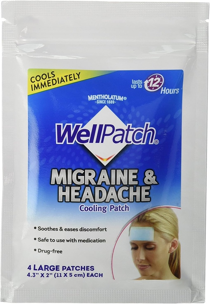 WellPatch Migræne & Hovedpine Cooling Patch - Drug Free, varer op til 12 timer, Sikker at bruge med medicin - Store Patches (4 store Patches), Hver 4.3 x 2 i