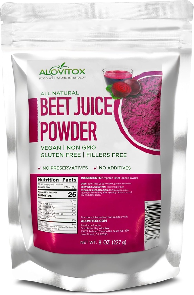Alovitox Organic Beet Juice Powder Dex124; 100% Pure, Fresh & USDA Beet Juice Extract Powder Dex124; Nitro- oxid Superfood Dex124; Vegan, Non - Gmo & Gluten- Free Dex124; Support Energiseret og effektiv workout session (8 oz)