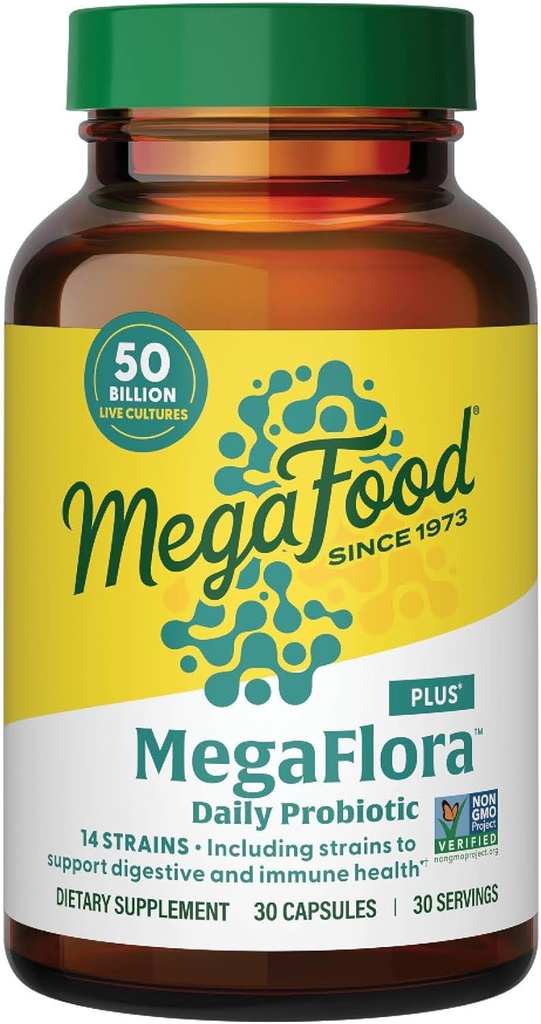 MegaFood MegaFlora Probiotic Plus - Probiotics for Women and Men Digestive Health- 50 Billion CFUs & 14 Strains - Immune Support Supplement - Vegetarian - 30 Capsules