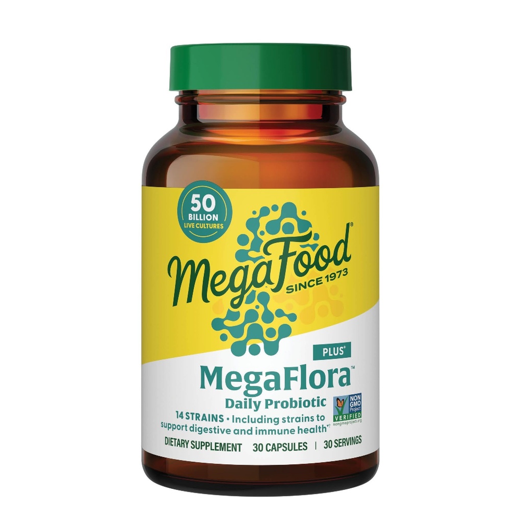 MegaFood MegaFlora Probiotic Plus - Probiotika til kvinder og mænd fordøjelsessygdomme - 50 milliarder CFU 'er & 14 Stammer - immunstøtte supplement - Vegetar - 30 kapsler