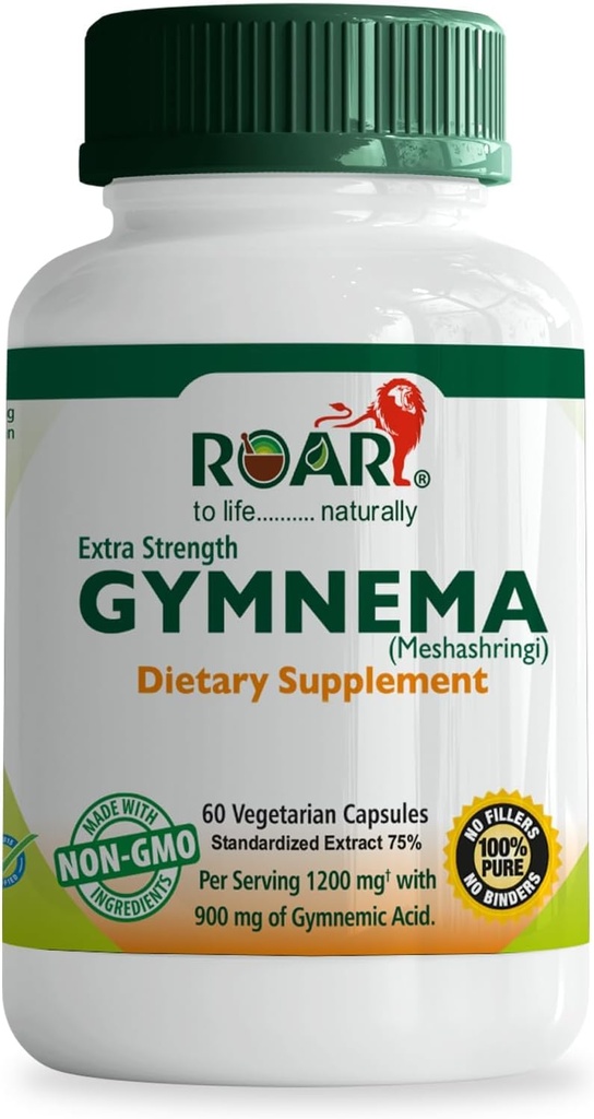 ROAR TIL LIV.......... NATURALY Gymnema Sylvestre 1200 mg (højeste potens) Ayurvedic Plant Extract Veg Kapsler Supplement tabletter med 75% Gymnamisk syre Non- GMO 60 Tælling per servering.