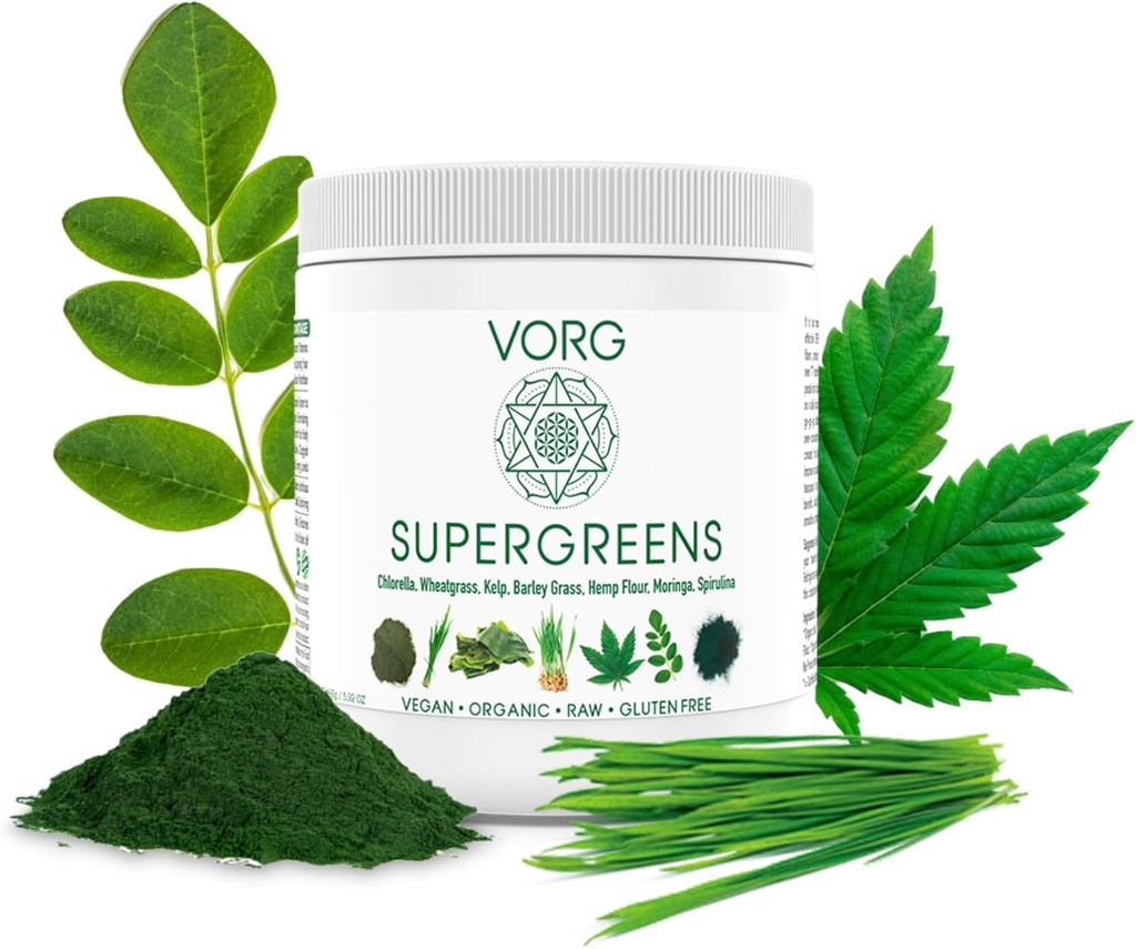 VORG SuperGreens - # 1 Green Superfood Powder med Chlorella, Barley Grass, Moringa, Kelp, Spirulina, Wheatgrass - 100% Organic - Probiotika, Fiber & Enzymes (1 uge Supply)