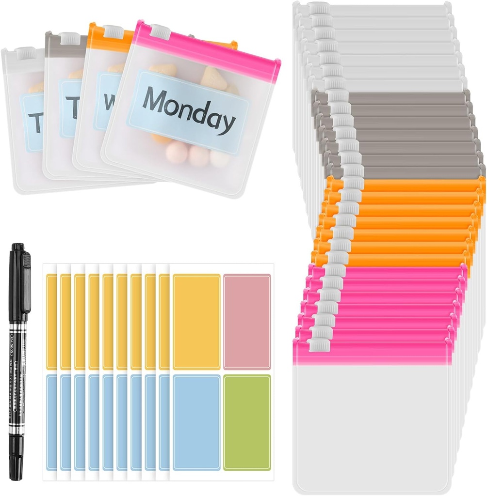 MARFOREVER 39 Pcs Pill Pouch Tasker - Pill Pouches Små Medicinske Tasker Travel Pill Organizer Genanvendelig gennemsigtig Self Sealing 28 Pcs Plastic Pill med Slide Lock 10 Sheets Labels og 1 Pc Marker