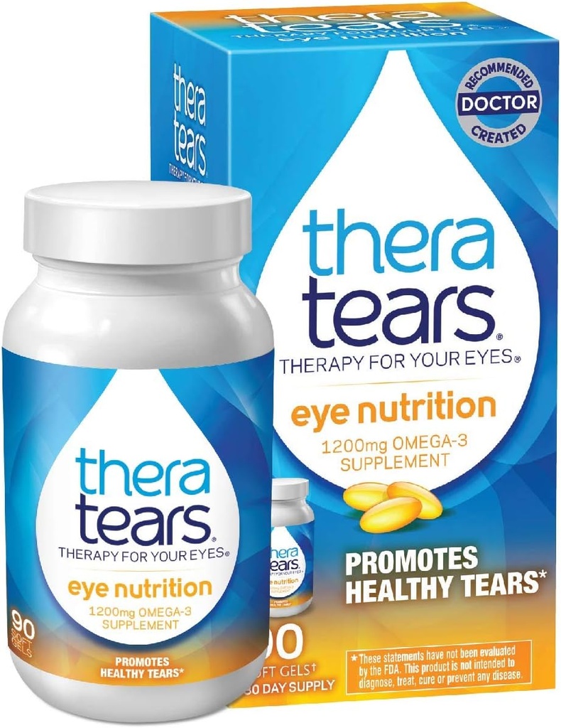 TheraTears 1200mg Omega 3 supplement til øje ernæring, Organic Flaxseed Triglycerid Fish Oil and Vitamin E, 90 Tæl