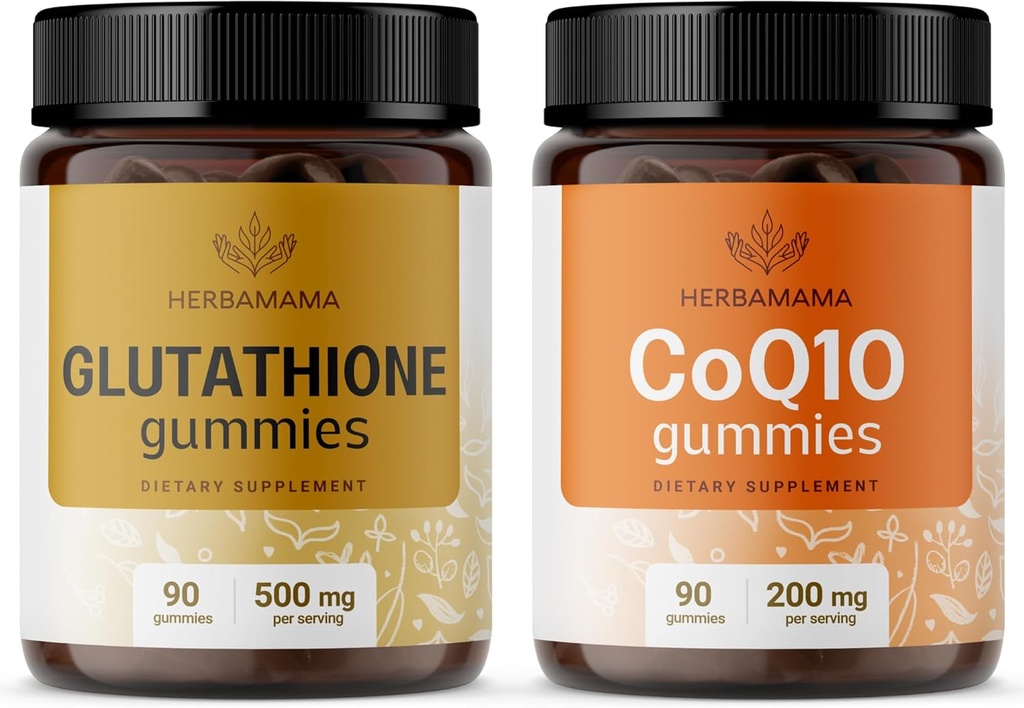 HERBAMAMA Glutathion og CoQ10 Kit - Bundle of 500 mg Reduceret L- Glutathion og 200 mg CoQ10 Gummies - Vegan, Non- GMO, Gelatin- Free - 2 Pack