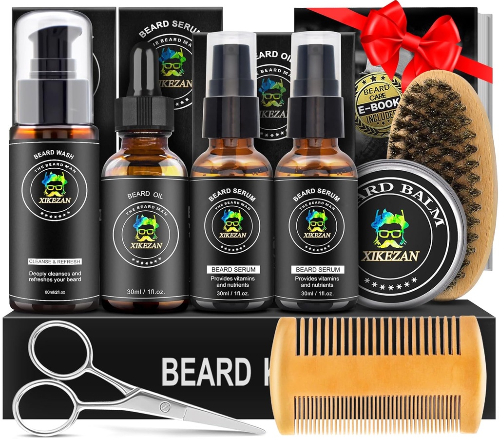 XIKEZAN Beard Kit til mænd grooming & Care Set w / 2 Pack Beard Serum, Wash, Oil, Balm, Comb, Brush, Scissor, Bag, EBook, Unik Birthday Gaver til mænd ham far Mand Brother Christmas Stuffers