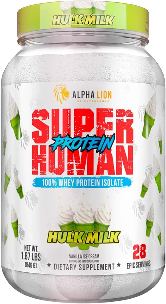 ALFA LION Superhuman Whey Protein Powder, Great Tasting Pure Whey Protein Isolate, Lav Carb, Low Sugar, Ingen Bloat Post Workout, Muscle Recovery & Growth (28 Servere, Hulk Mælk)