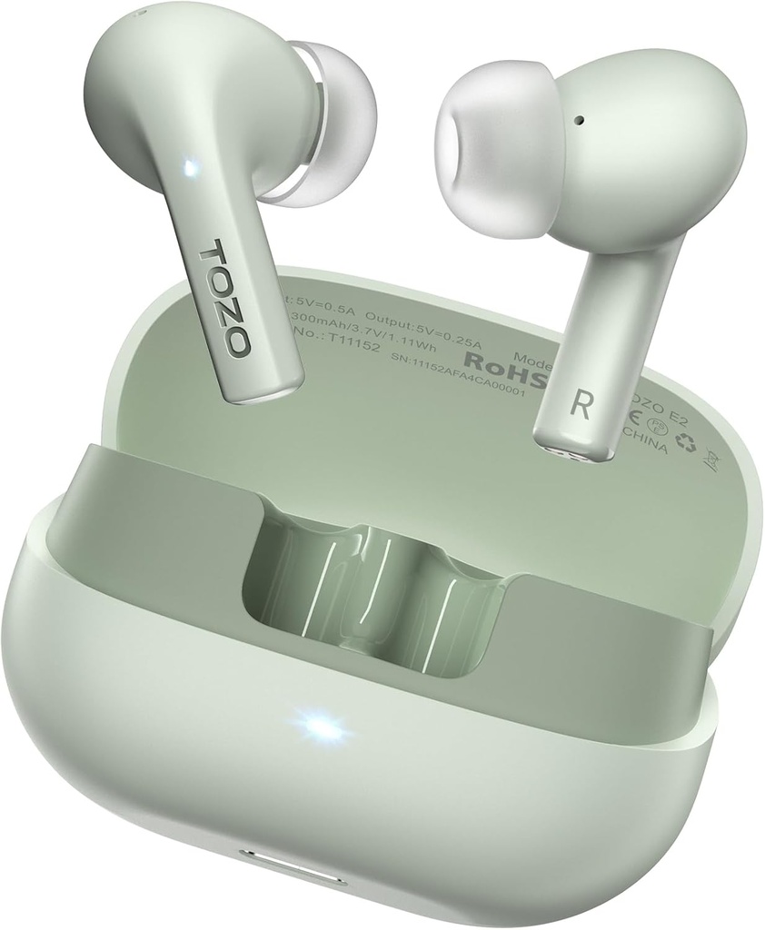 TOZO E2 Trådløse Earknopper med 2 MIC AI Call Støj Annullering, 10mm drivere med kraftfuld Bass, App Tilpas 32 EQs, 30H Playtime, Bluetooth 5.3 Øre Bud, Comfort Fit in- Øre hovedtelefoner