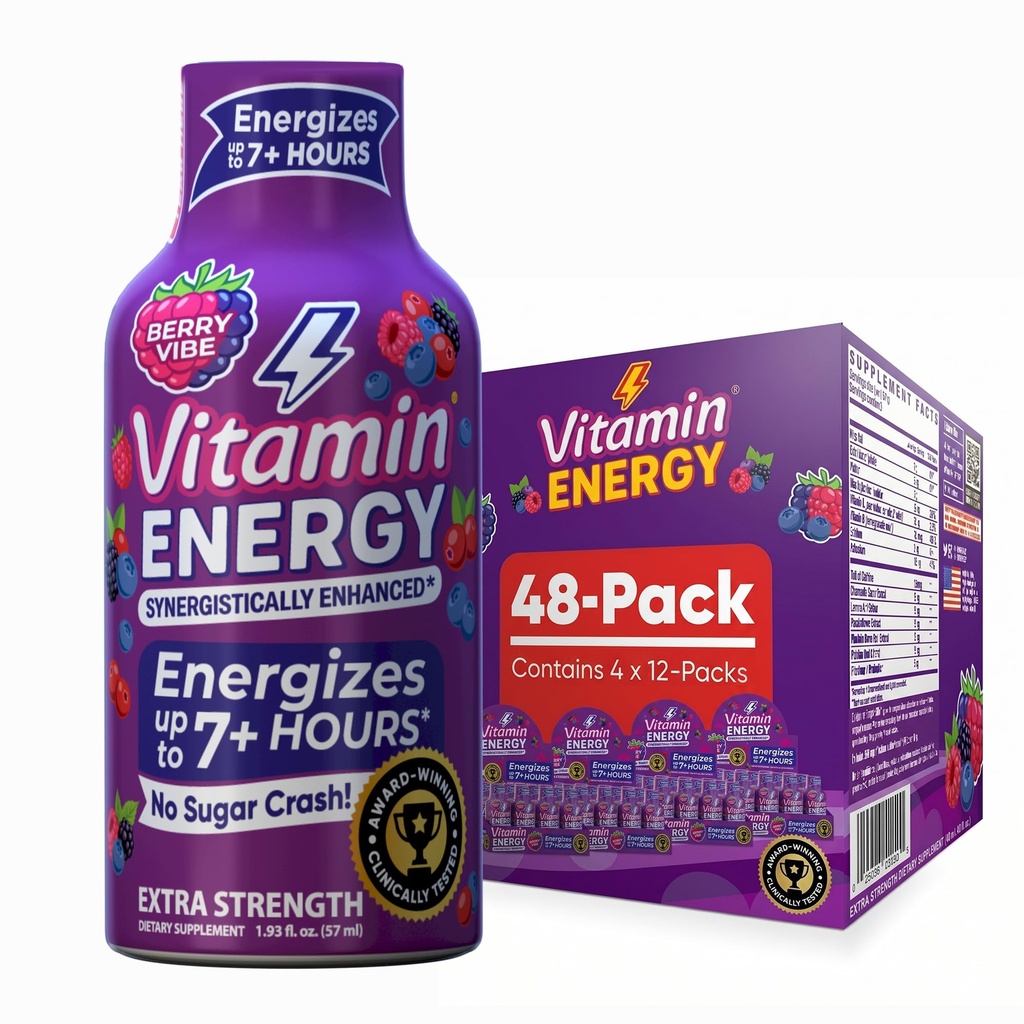 Vitamin Energi Mood + ekstra styrke Energi Shot Tropisk Berry 48 Pack, 260mg Naturlig Koffein, B-Vitamin, Rhodiola, Kamille, Mood & Energy Support, Zero Sugar, Gluten- Free, Vegan, 1,93 fl oz