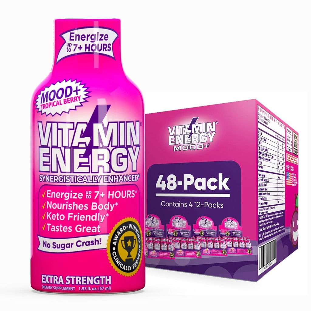 Vitamin Energi Mood + ekstra styrke Energi Shot Tropisk Berry 48 Pack, 260mg Naturlig Koffein, B-Vitamin, Rhodiola, Kamille, Mood & Energy Support, Zero Sugar, Gluten- Free, Vegan, 1,93 fl oz