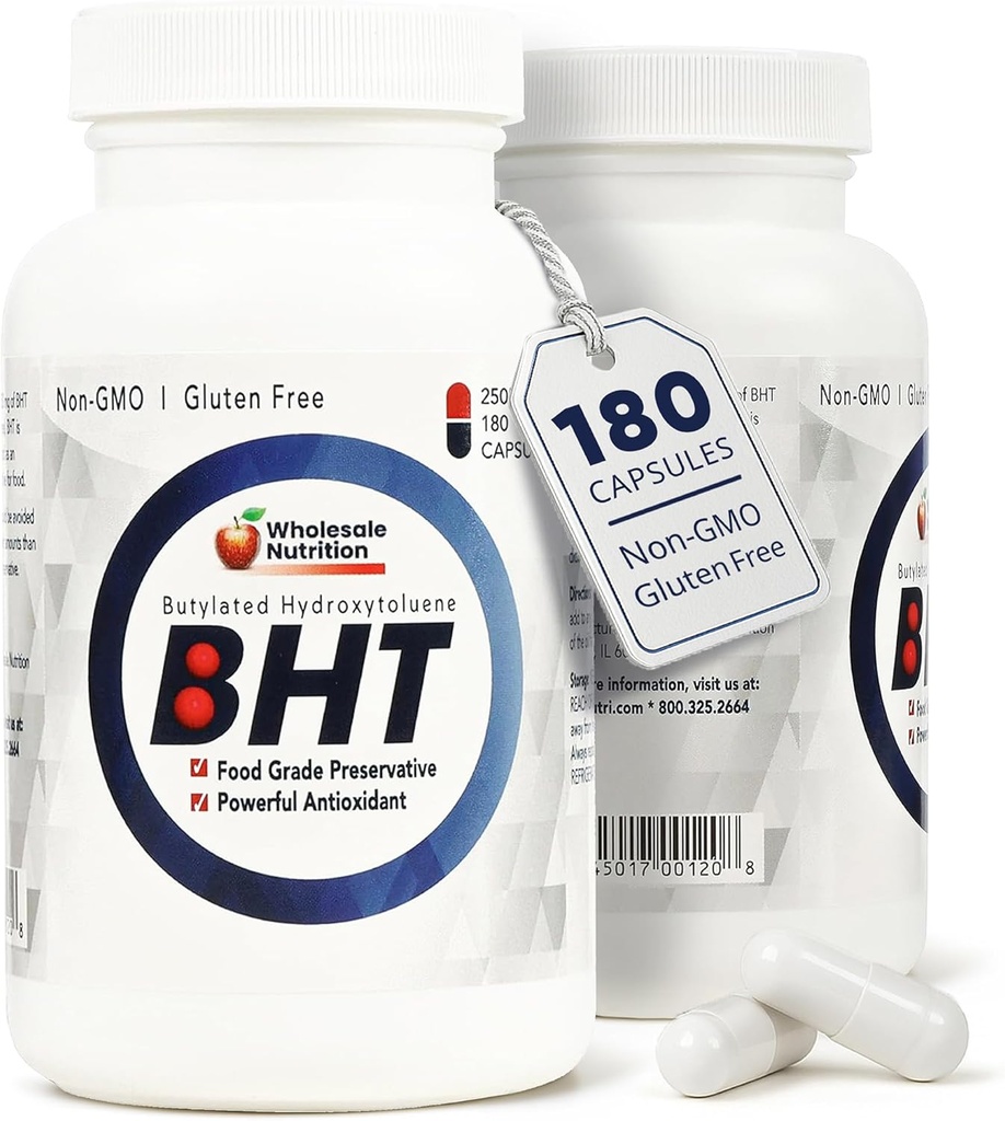 Engroshandel Nutrition BHT supplement kapsler - 250 mg Potent Antioxidant - Non-GMO, Gluten- Free - Enhance Oil / Fat Preservation - Pure Butyleret Hydroxytoluen til fødevarer / olier - 180 Kapsler