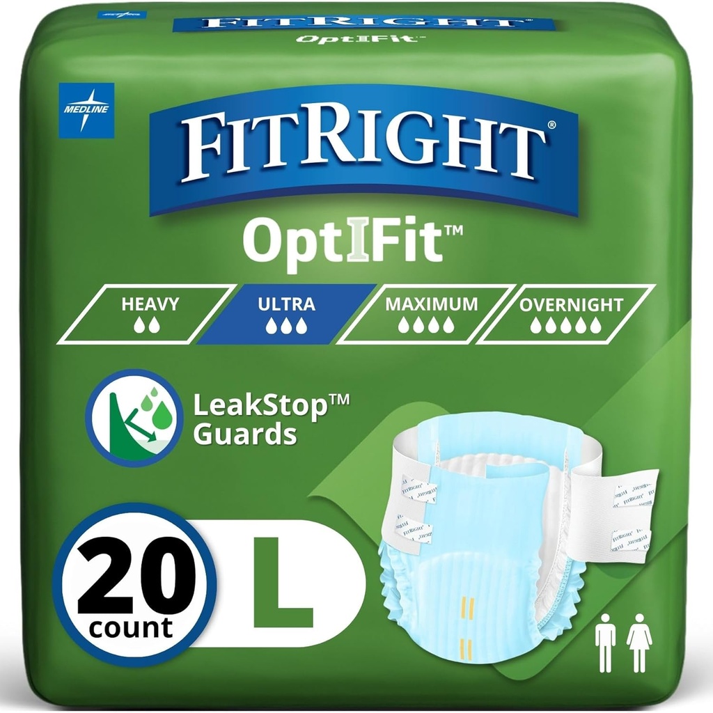 FitRight Voksen bleer, Ultra Heavy Absorbence, L (Waist Størrelse 44in -56in), 20 Greve, OptiFit Inkontinens Briefs for Mænd og Kvinder, Disable, Moisture- Wicking, Læk Beskyttelse,