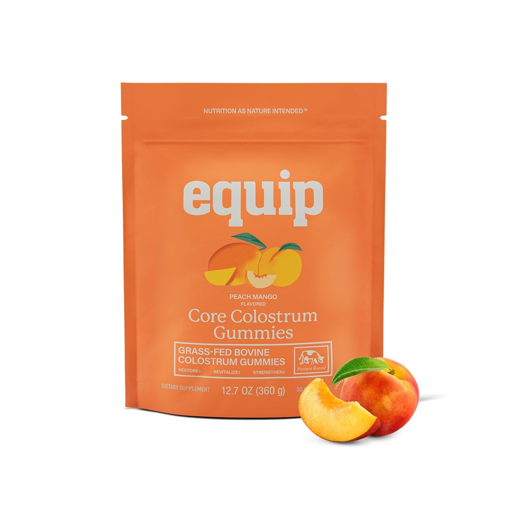 Equip fødevarer Core Bovine Colostrum Gummies, Lækker 1g Per Severing Græs Fed Colostrum Supplement - Gut Sundhed, Immunitet, Inddrivelse, Hår & Hud - 60 Bovine Colostrum Gummies, 30 Servere, Peach Mango