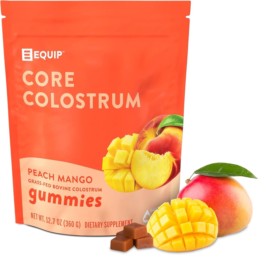 Equip fødevarer Core Bovine Colostrum Gummies, Lækker 1g Per Severing Græs Fed Colostrum Supplement - Gut Sundhed, Immunitet, Inddrivelse, Hår & Hud - 60 Bovine Colostrum Gummies, 30 Servere, Peach Mango