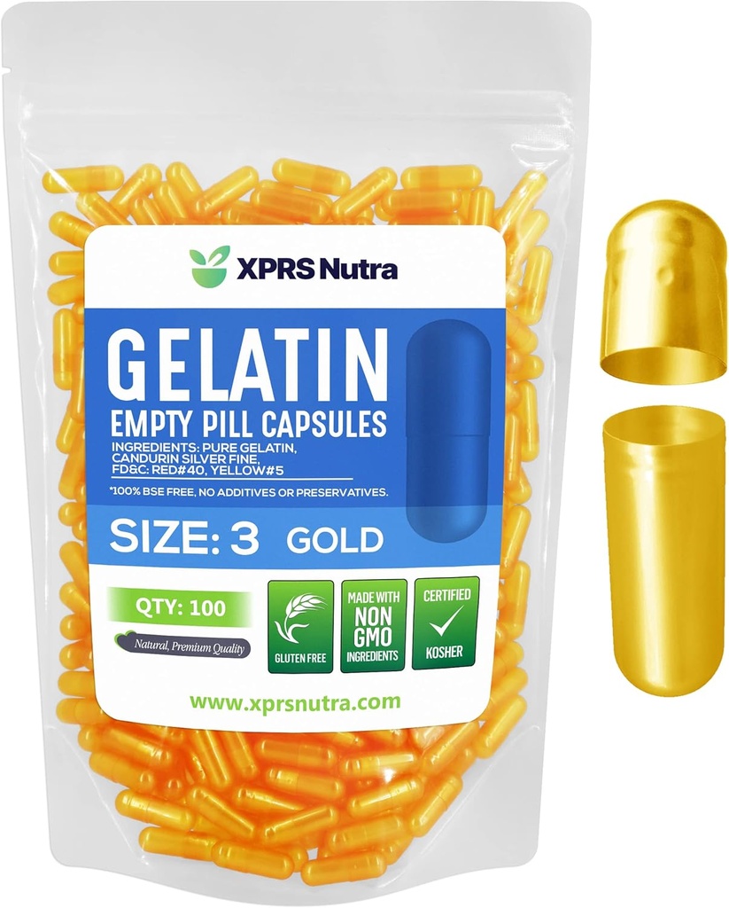 XPRS Nutra Størrelse 3 Tomme kapsler - 100 Grev Tomme Gelatine kapsler - Piller selv Kapselfyld - Pure Bovin Pill Gel Caps Fyldelig til Do- It- Yourself Vitamin og kosttilskud (Guld)