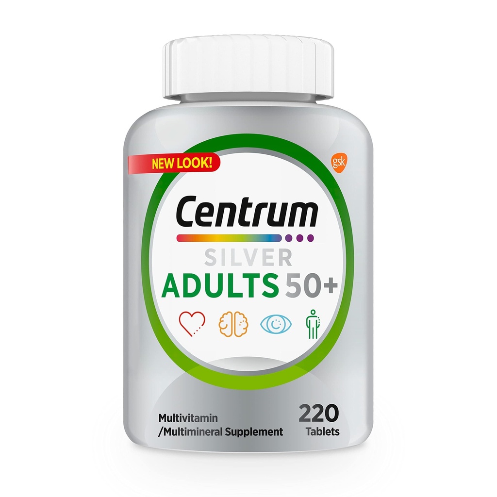 Centrum sølv Multivitamin til voksne 50 Plus, Multivitamin / multimineral supplement, vitamin D3, B Vitaminer, Gluten fri, non-GMO ingredienser, understøtter hukommelse og kognition hos ældre voksne - 220 Ct