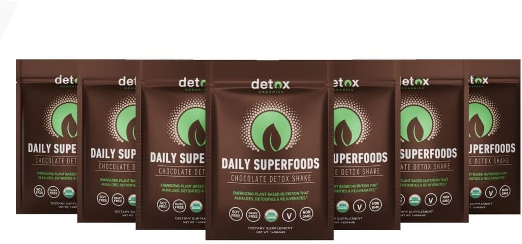 Detox Organics Chokolade Superfood Powder, Detox Rensning til din krop, Bloating Relief, Immunitet Support Smoothie Detox Mix, Green Blend Superfood, Low Carb, Vegan (7 dages Detox Pakninger)