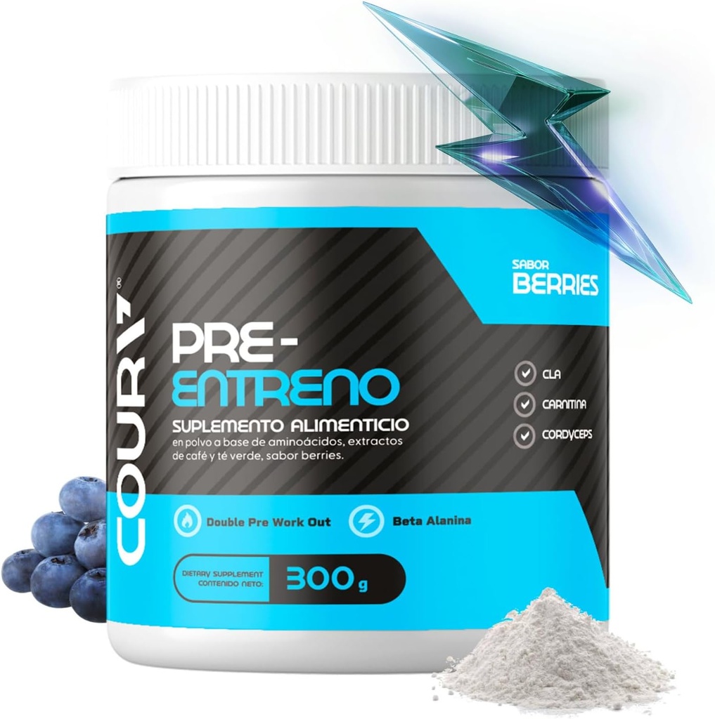 COURA Pre Workout Berries Flavor 300g - 10.5 Ounces - Protein Powder - Energi Boost - Understøtter fokus og udholdenhed - Cordyceps - Ideel til atleter - Glutenfri