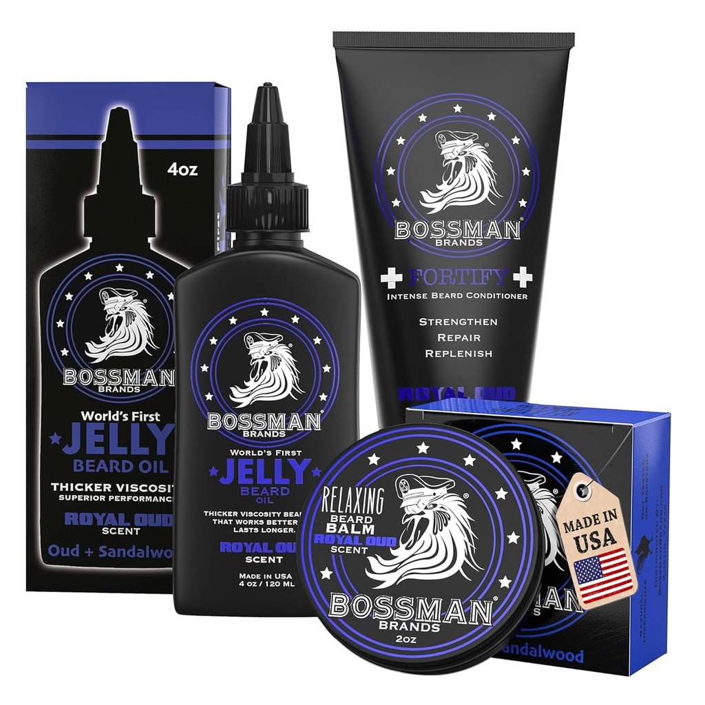 Bossman Essentials Beard Kit til mænd, Sæt af 3 - Beard Oil Jelly, Fortifying Conditioner Cream, Beard Balm - Grooming Growth Care Tilbehør - Gavesæt til mænd (Royal Oud)