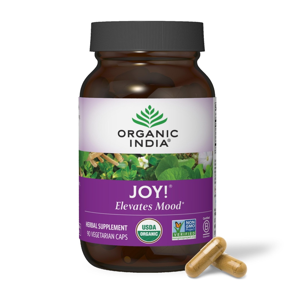 ORGANISK INDIA Joy Herbal Supplement - immunforsvar, fremmer hukommelse & koncentration, Vegan, Gluten- Free, Kosher, USDA Certified Organic, Non- GMO, Calming - 90 Kapsler