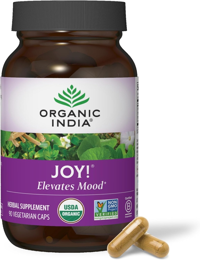 ORGANISK INDIA Joy Herbal Supplement - immunforsvar, fremmer hukommelse & koncentration, Vegan, Gluten- Free, Kosher, USDA Certified Organic, Non- GMO, Calming - 90 Kapsler