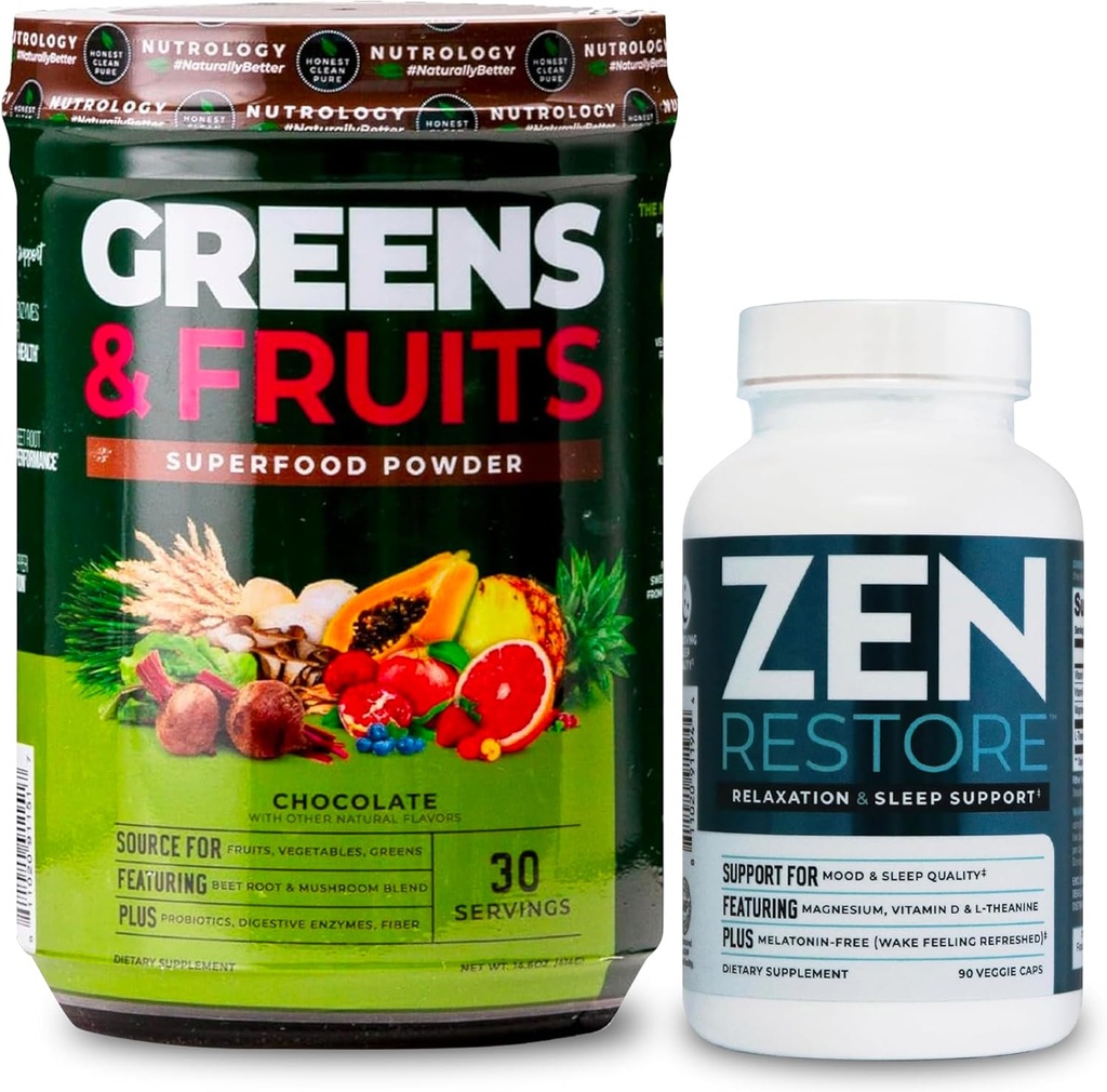 Nutrologi Grønne & Frugter Powder- Naturligt Sourced Superfood, Chokolade (30 Servere) Zen Natural Magnesium Supplement (30 Servere)