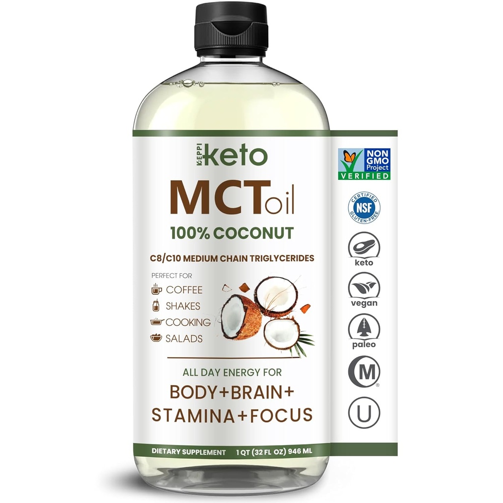 Keppi MCT Olie - Fra 100% kokosnødder - Flavorless C8 og C10, Non- GMO, Certified Gluten- Free, Palm Oil Free, Vegan, Kosher, Halal, 32 oz Coconut Oil