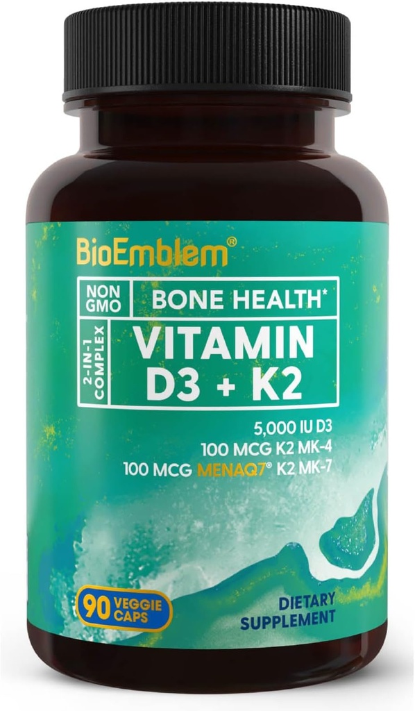 Bioembleme Vitamin D3 K2 kapsler (5000IE og 200mcg) - Patenteret MK7 og MK4 for 3- in-1 Complex support - Vegetarisk vitamin D K2 supplement til tænder, hjerte, immunsystem - non-GMO, 90 Caps